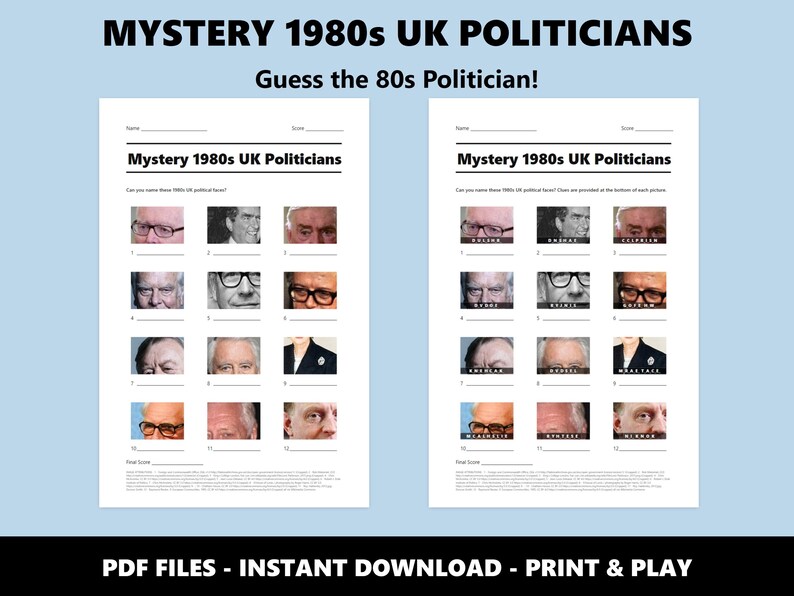 Mystery 1980s UK Politicians Picture Quiz: Fun British History Trivia Game (Instant PDF Download) Bild 2