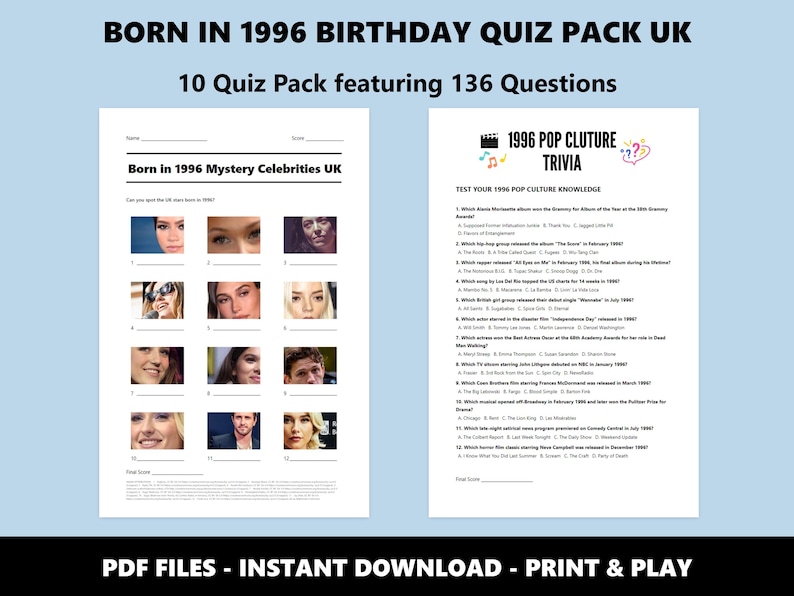 30e verjaardag UK Quiz Pack: Born in 1996 Trivia-bundel (directe pdf-download) afbeelding 4