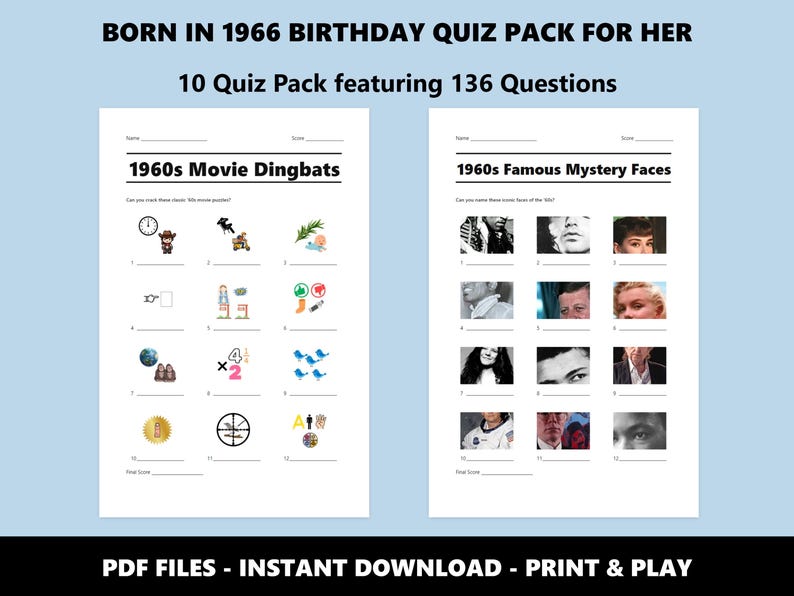 Paquete de preguntas de cumpleaños de 1966: Trivial del 60.º cumpleaños, 10 juegos (descarga instantánea en PDF) imagen 3