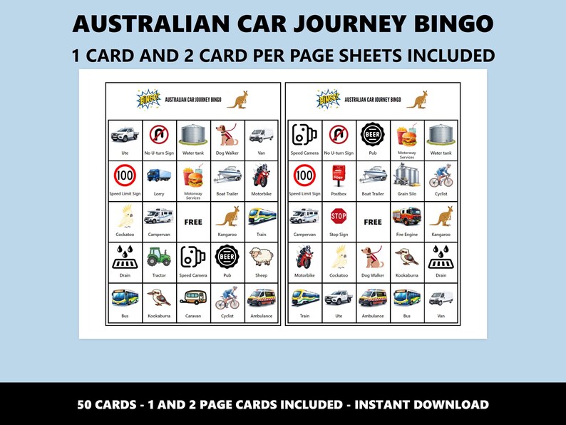 Bingo de viaje en coche por Australia: Juego de bingo para viajes por carretera en familia (Descarga instantánea) imagen 2