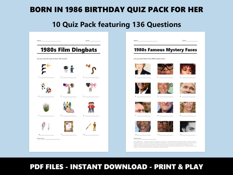 1986 Birthday Trivia Quiz Pack: 40th Birthday, 80s Theme (Instant PDF Download) image 3