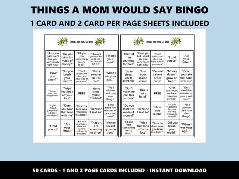 Things a Mom Would Say Bingo: Classic Mum Phrases Bingo Game (Instant Download) image 2