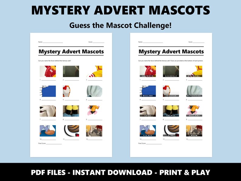 Juego de preguntas y respuestas con imágenes de mascotas publicitarias misteriosas: un divertido juego para fiestas y eventos (descarga instantánea en PDF) imagen 2