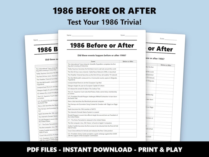 Quiz avant ou après 1986 : jeu de société amusant pour adultes et adolescents (téléchargement PDF instantané) image 1