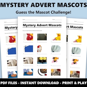 Juego de preguntas y respuestas con imágenes de mascotas publicitarias misteriosas: un divertido juego para fiestas y eventos (descarga instantánea en PDF) imagen 1