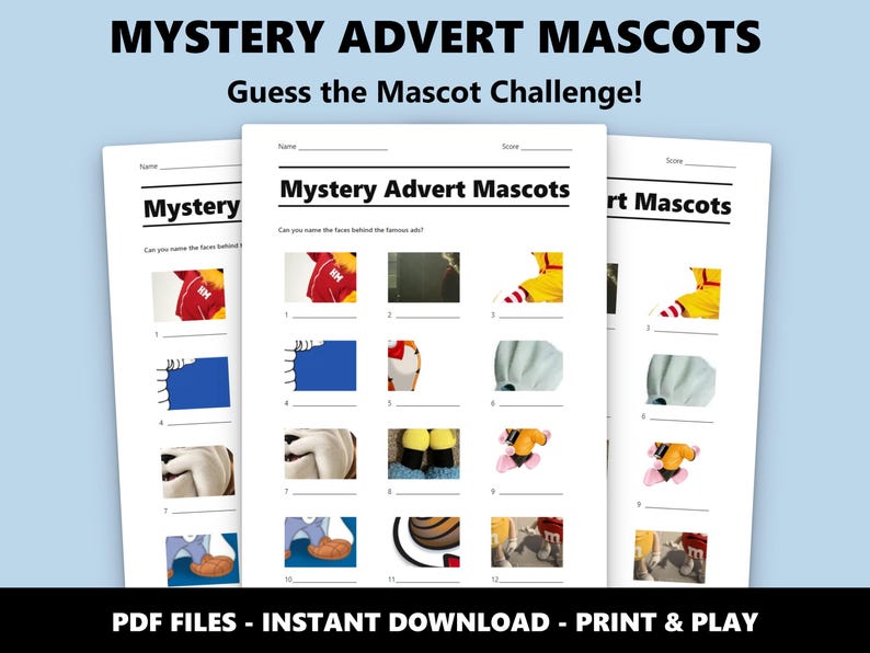 Juego de preguntas y respuestas con imágenes de mascotas publicitarias misteriosas: un divertido juego para fiestas y eventos (descarga instantánea en PDF) imagen 1