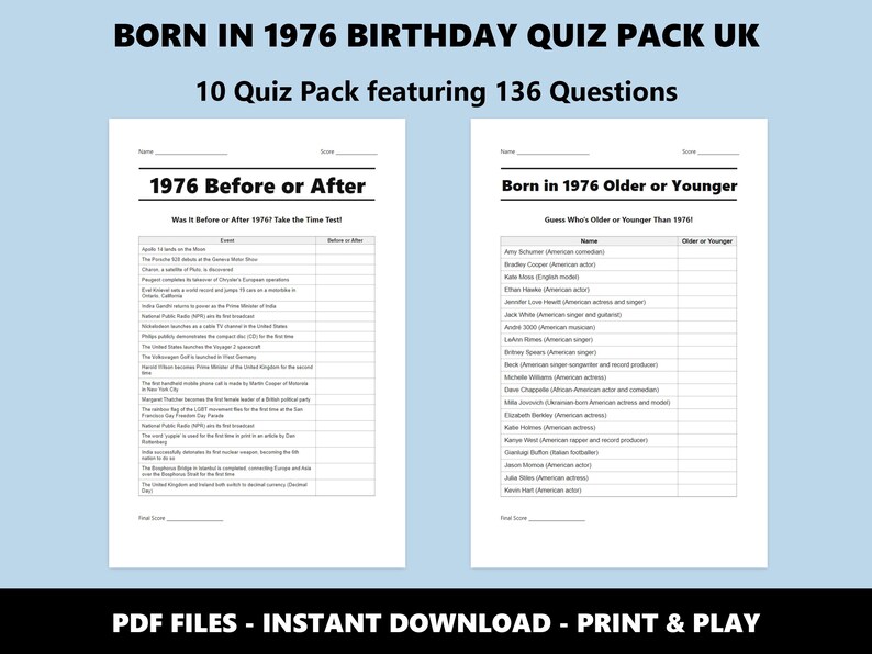 50th Birthday UK Quiz: Born in 1976 Trivia Bundle (Instant PDF Download) image 6