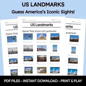 Quiz avec photos sur les monuments des États-Unis, jeu-questionnaire à imprimer, quiz sur les monuments américains, activité nocturne en famille, quiz sur les voyages, jeu de société, téléchargement immédiat