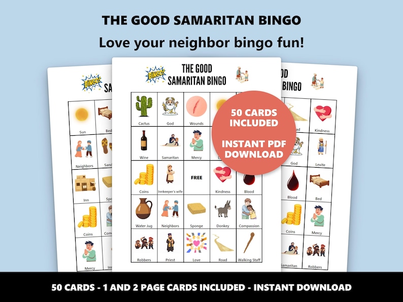 Der barmherzige Samariter Bingo: Bibel Gleichnis Themed Bingo Spiel (Instant Download) Bild 1