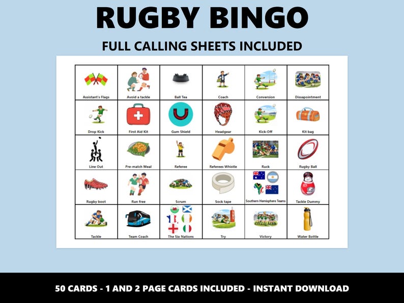 Rugbybingospel: 50 unieke kaarten (directe download) afbeelding 3