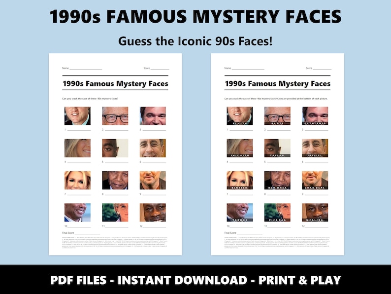 1990er Jahre Mystery Faces Bilder Quiz: Lustiges Quiz-Spiel für Parties und Events (Instant PDF Download) Bild 2
