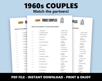 1960s Couples Match Up Quiz: Celebrity Romance Trivia Game (Instant Download)