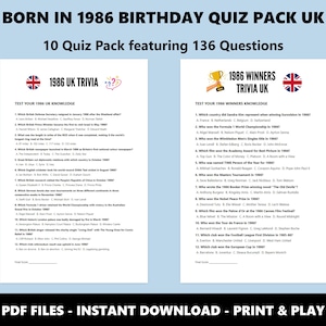 40th Birthday UK Quiz Pack: Born in 1986 Trivia Bundle (Instant PDF Download) image 5