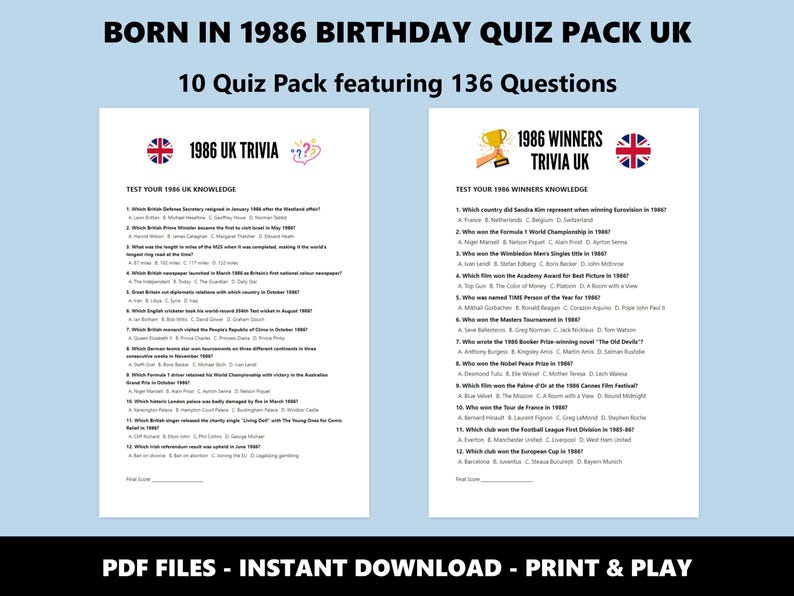 40th Birthday UK Quiz Pack: Born in 1986 Trivia Bundle (Instant PDF Download) image 5