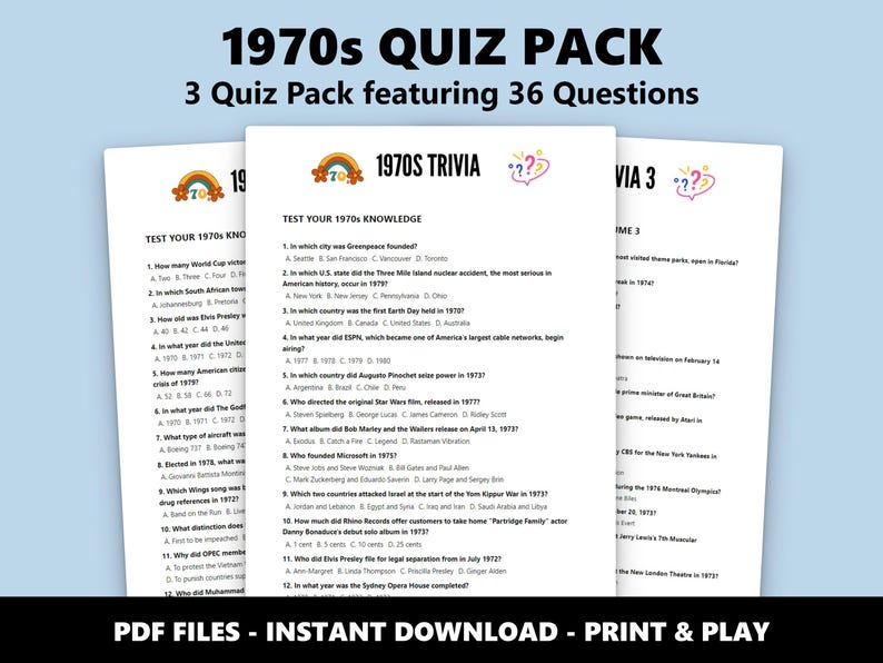 Ensemble de quiz des années 1970 Quiz : questions sur les soirées anecdotes pour les fêtes et les événements (téléchargement PDF instantané) image 1