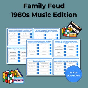 May include: A printable family feud game with 48 questions about 1980s music. The game features a cassette tape and a Rubik's cube graphic. The questions are divided into three categories: "How could you tell someone in your family was secretly practicing Michael Jackson moves?", "What would your older sibling say they discovered a band first?", and "We asked 100 parents: What '80s concert scared you most when your teen wanted to go?"