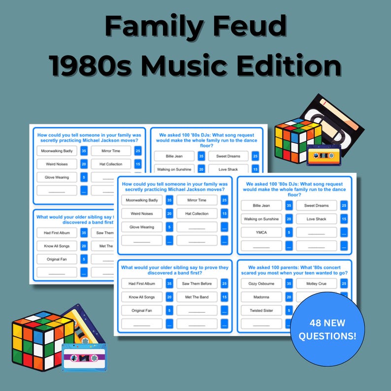 May include: A printable family feud game with 48 questions about 1980s music. The game features a cassette tape and a Rubik's cube graphic. The questions are divided into three categories: "How could you tell someone in your family was secretly practicing Michael Jackson moves?", "What would your older sibling say they discovered a band first?", and "We asked 100 parents: What '80s concert scared you most when your teen wanted to go?"