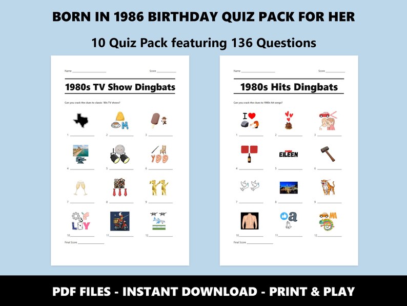 1986 Birthday Trivia Quiz Pack: 40th Birthday, 80s Theme (Instant PDF Download) image 2