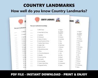 Country Landmarks: Match-up Choice Quiz Game (Instant Download)