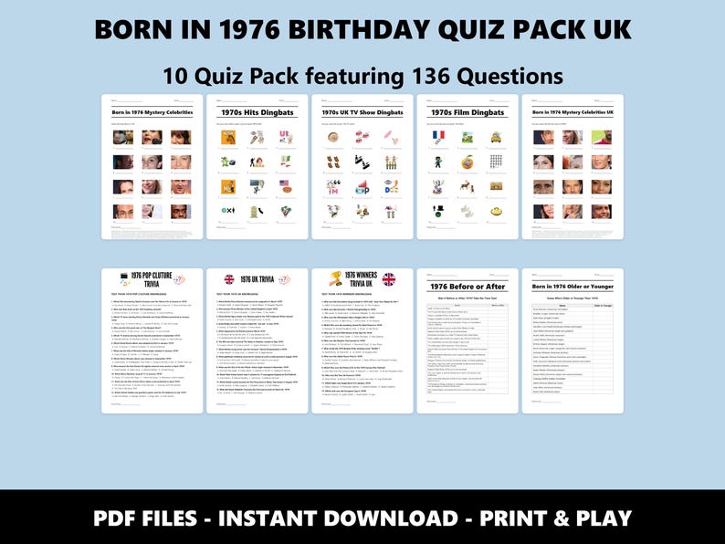 50th Birthday UK Quiz: Born in 1976 Trivia Bundle (Instant PDF Download) image 1