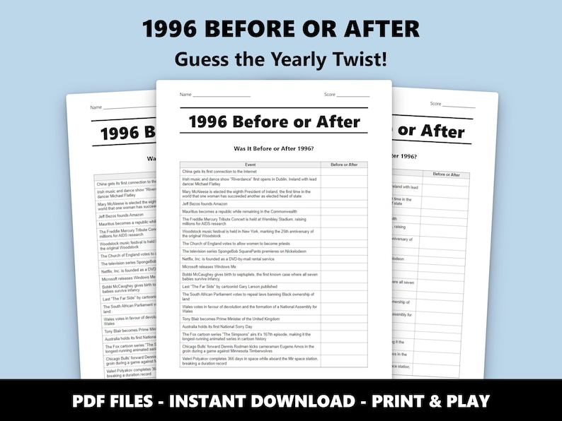 1996 Before or After Trivia Quiz: 30th Celebration Game Night Activity (Instant PDF Download) image 1