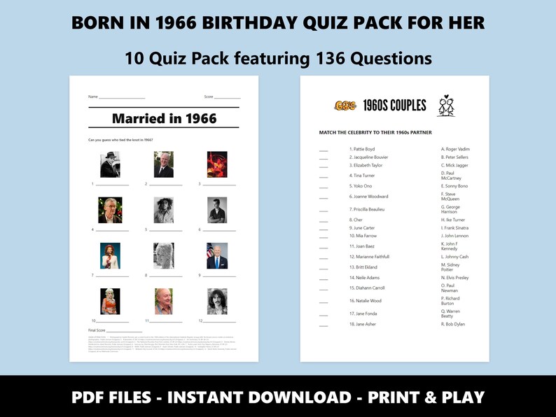 Paquete de preguntas de cumpleaños de 1966: Trivial del 60.º cumpleaños, 10 juegos (descarga instantánea en PDF) imagen 4