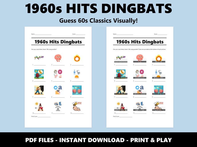 Quiz de imagens com sucessos dos anos 60: Jogo divertido de perguntas e respostas sobre música para festas e eventos (Download instantâneo em PDF) imagem 2