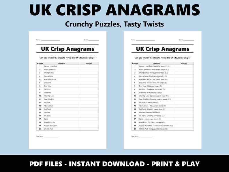 UK Crisp Anagrams Quiz: Englisches Snack Wortspiel (Instant PDF Download) Bild 2