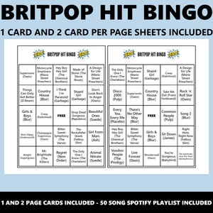 Bingo de éxitos del Britpop: Juego de bingo musical de los 90 (Descarga instantánea) imagen 2
