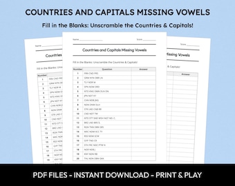 Countries & Capitals Quiz: Missing Vowels Picture Puzzle (PDF Download)