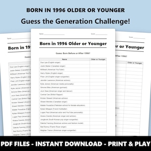 Born in 1996 Older or Younger Trivia Quiz: Fun Birthday Party Game for Adults and Teens (Instant PDF Download) image 1