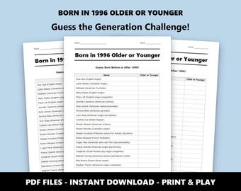 Born in 1996 Older or Younger Trivia Quiz: Fun Birthday Party Game for Adults and Teens (Instant PDF Download)