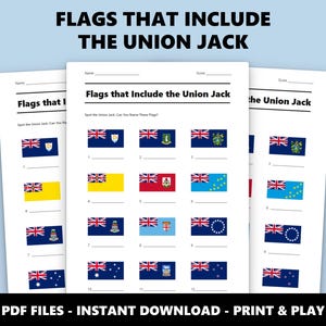 Pode incluir: Uma folha de exercícios educativa imprimível intitulada Flags that Include the Union Jack, apresentando doze linhas numeradas de várias bandeiras nacionais contendo o símbolo da Union Jack, com linhas em branco para escrever o nome de cada bandeira.