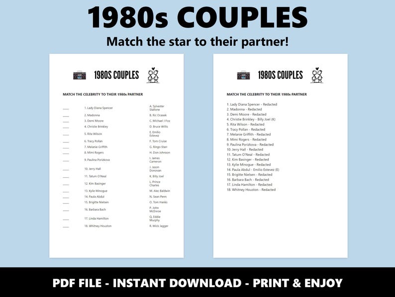 1980s Couples Match Up Quiz: Celebrity Romance Trivia Game (Instant Download) image 2