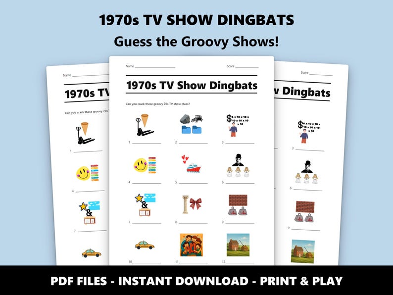 1970s TV Show Dingbats Picture Quiz: Fun Printable Trivia Game for Parties (Instant PDF Download) image 1