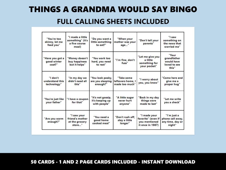 Things a Grandma Would Say Bingo: Classic Gran Phrases Bingo Game (Instant Download) image 3