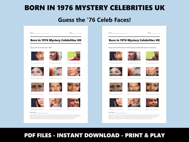 Born in 1976 Mystery Celebrities UK Picture Quiz: 50th Birthday Quiz Fun for Parties (Instant PDF Download) image 2