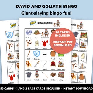 Puede incluir: Tres tarjetas de bingo con fondo azul. Las tarjetas se titulan "DAVID AND GOLIATH BINGO" con el lema "Giant-slaying bingo fun!". Las tarjetas incluyen ilustraciones y texto como "50 TARJETAS INCLUIDAS" y "DESCARGA INSTANT&Aacute;NEA DE PDF".