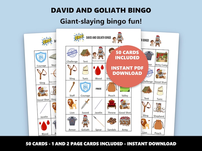 Puede incluir: Tres tarjetas de bingo con fondo azul. Las tarjetas se titulan "DAVID AND GOLIATH BINGO" con el lema "Giant-slaying bingo fun!". Las tarjetas incluyen ilustraciones y texto como "50 TARJETAS INCLUIDAS" y "DESCARGA INSTANT&Aacute;NEA DE PDF".