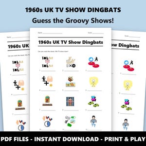 1960er Jahre UK TV-Show Dingbats Bild Quiz: Lustiges Quiz-Spiel zum Ausdrucken für Partys (Instant PDF Download) Bild 1