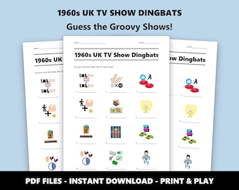 Quiz illustrato sulla serie TV britannica degli anni '60 "Dingbats": divertente gioco a quiz stampabile per feste (download immediato in PDF)