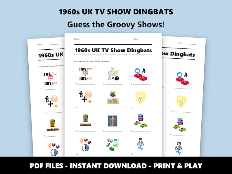 1960er Jahre UK TV-Show Dingbats Bild Quiz: Lustiges Quiz-Spiel zum Ausdrucken für Partys (Instant PDF Download) Bild 1