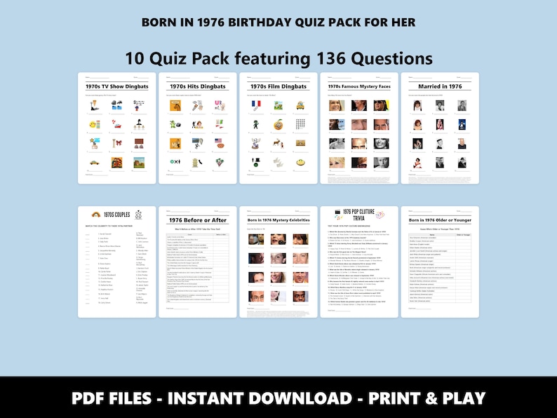 1976 Birthday Quiz Bundle For Her: 50th Birthday Trivia (Instant PDF Download) image 1
