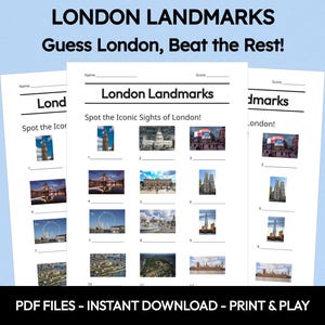 Puede incluir: Tres hojas de papel impresas con el título "London Landmarks" y el texto "Spot the Iconic Sights of London!". Las hojas presentan imágenes de monumentos de Londres con espacios para respuestas. La parte superior de la imagen dice "LONDON LANDMARKS Guess London, Beat the Rest!"