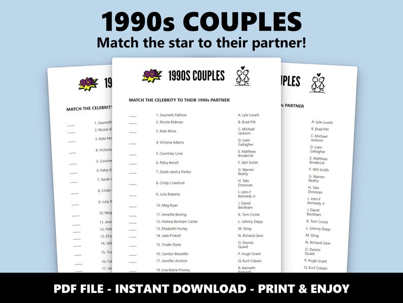 1990s Couples Match Up Quiz: Celebrity Romance Trivia Game (Instant Download) image 1