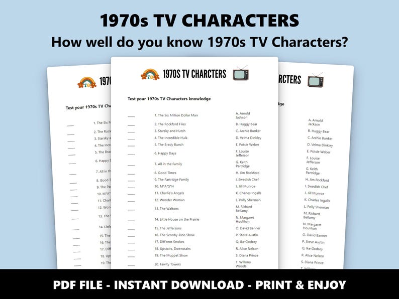 1970er Jahre TV-Figuren: Memory-Quiz (Instant Download) Bild 1
