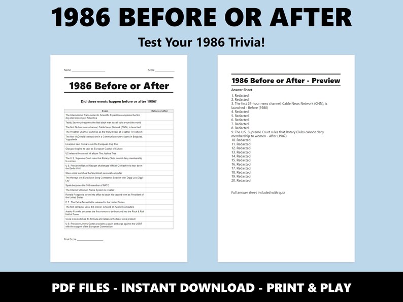 Quiz avant ou après 1986 : jeu de société amusant pour adultes et adolescents (téléchargement PDF instantané) image 2