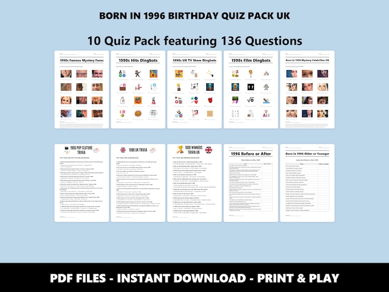 30e verjaardag UK Quiz Pack: Born in 1996 Trivia-bundel (directe pdf-download) afbeelding 1