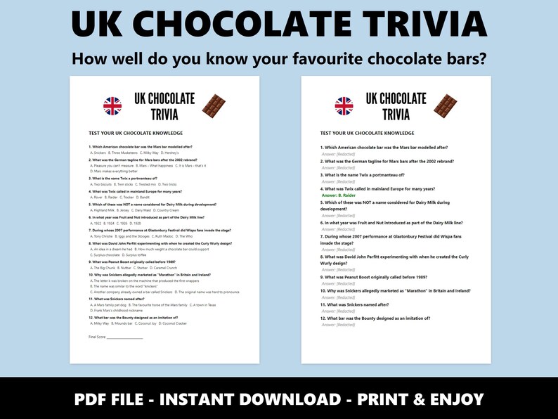 イギリスのチョコレートに関するクイズ：多肢選択式のイギリスのお菓子と菓子に関するテスト（すぐにダウンロードできます） 画像 2