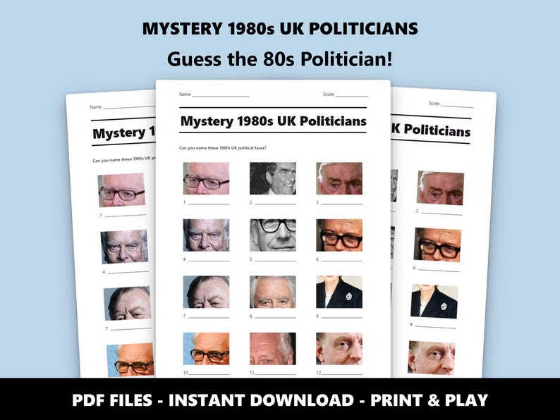Mystery 1980s UK Politicians Picture Quiz: Fun British History Trivia Game (Instant PDF Download) Bild 1